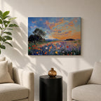 An impasto style painting depicting a vibrant sunset over a floral field filled with colorful wildflowers and textured brushstrokes, featuring a distant tree silhouette under a dynamic sky blending warm and cool tones.