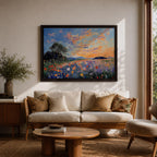 An impasto style painting depicting a vibrant sunset over a floral field filled with colorful wildflowers and textured brushstrokes, featuring a distant tree silhouette under a dynamic sky blending warm and cool tones.