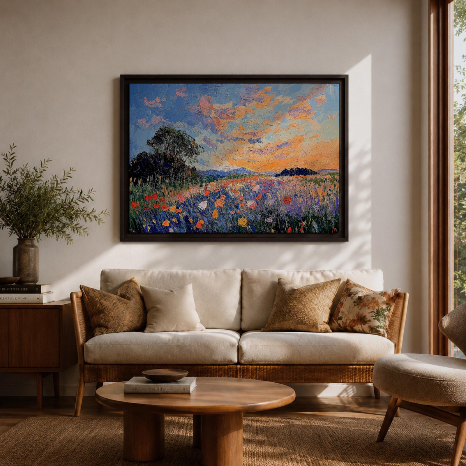 An impasto style painting depicting a vibrant sunset over a floral field filled with colorful wildflowers and textured brushstrokes, featuring a distant tree silhouette under a dynamic sky blending warm and cool tones.
