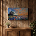 An impasto style painting depicting a vibrant sunset over a floral field filled with colorful wildflowers and textured brushstrokes, featuring a distant tree silhouette under a dynamic sky blending warm and cool tones.