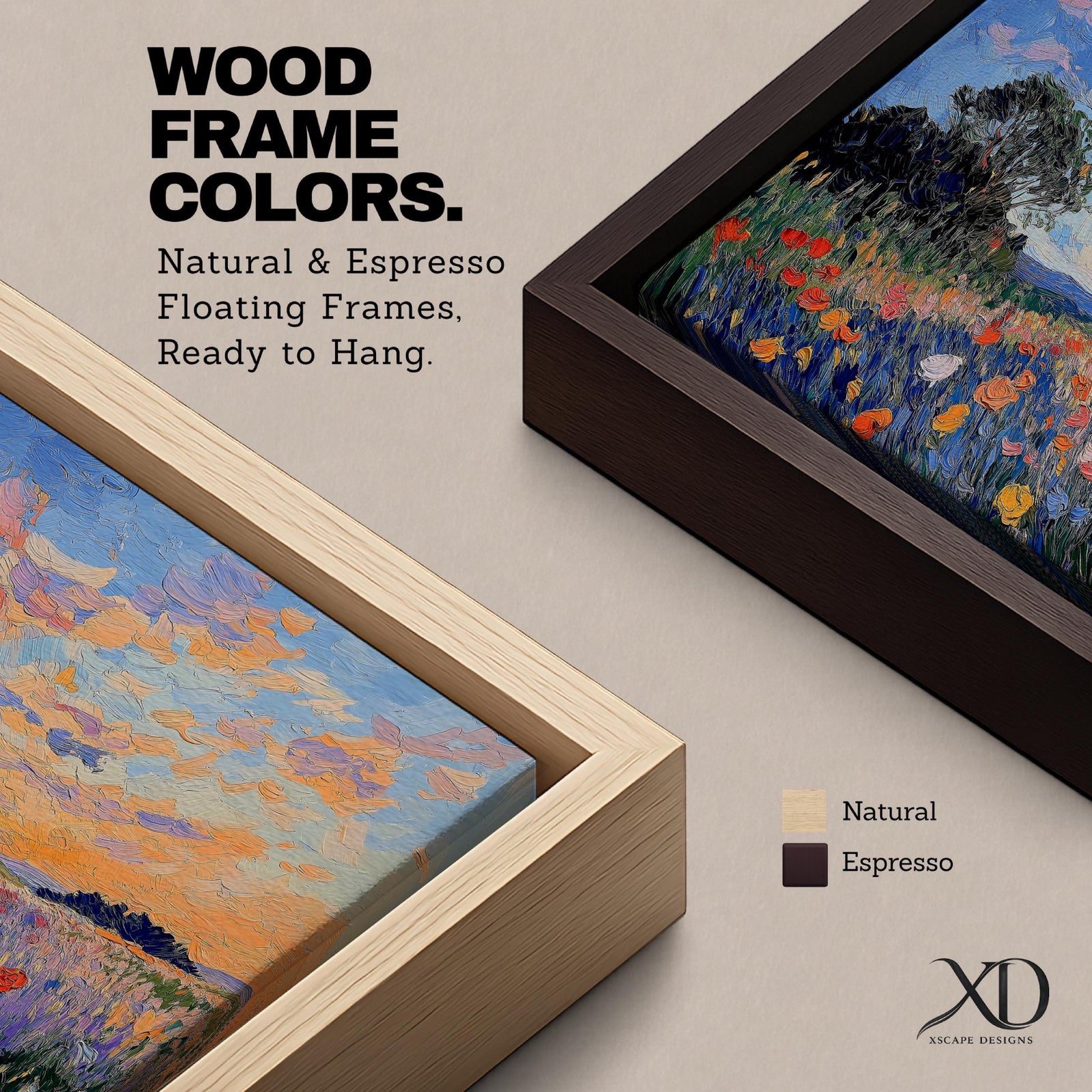 An impasto style painting depicting a vibrant sunset over a floral field filled with colorful wildflowers and textured brushstrokes, featuring a distant tree silhouette under a dynamic sky blending warm and cool tones.