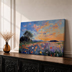 An impasto style painting depicting a vibrant sunset over a floral field filled with colorful wildflowers and textured brushstrokes, featuring a distant tree silhouette under a dynamic sky blending warm and cool tones.