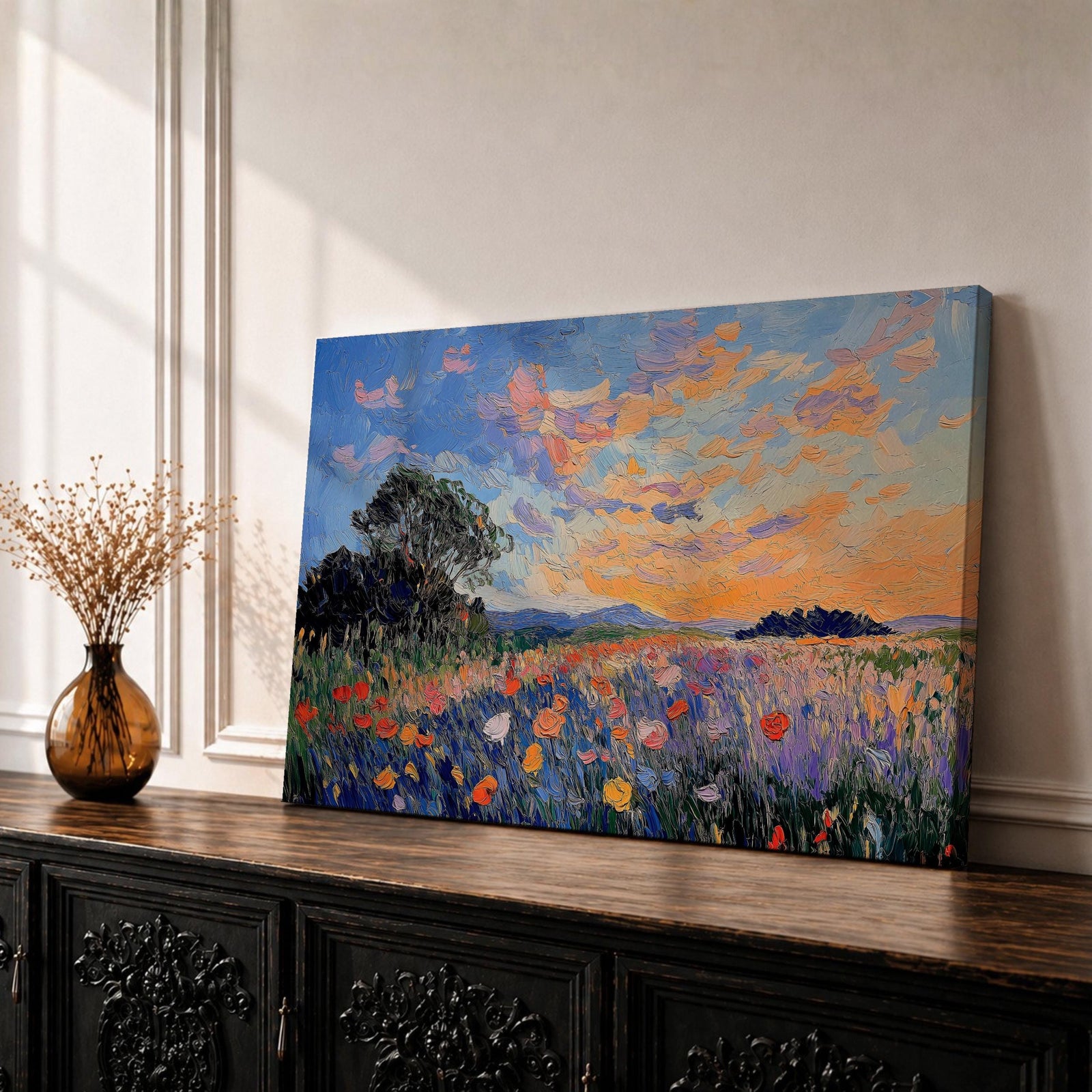 An impasto style painting depicting a vibrant sunset over a floral field filled with colorful wildflowers and textured brushstrokes, featuring a distant tree silhouette under a dynamic sky blending warm and cool tones.