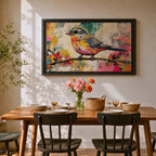 A vibrant painting of a colorful bird perched on a branch, rendered in a lively and expressive style with bold brush strokes and a mix of bright colors. The artwork captures the essence of a songbird in nature, emphasizing its detailed feathers and dynamic pose against an abstract background.