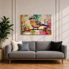 A vibrant painting of a colorful bird perched on a branch, rendered in a lively and expressive style with bold brush strokes and a mix of bright colors. The artwork captures the essence of a songbird in nature, emphasizing its detailed feathers and dynamic pose against an abstract background.