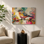 A vibrant painting of a colorful bird perched on a branch, rendered in a lively and expressive style with bold brush strokes and a mix of bright colors. The artwork captures the essence of a songbird in nature, emphasizing its detailed feathers and dynamic pose against an abstract background.