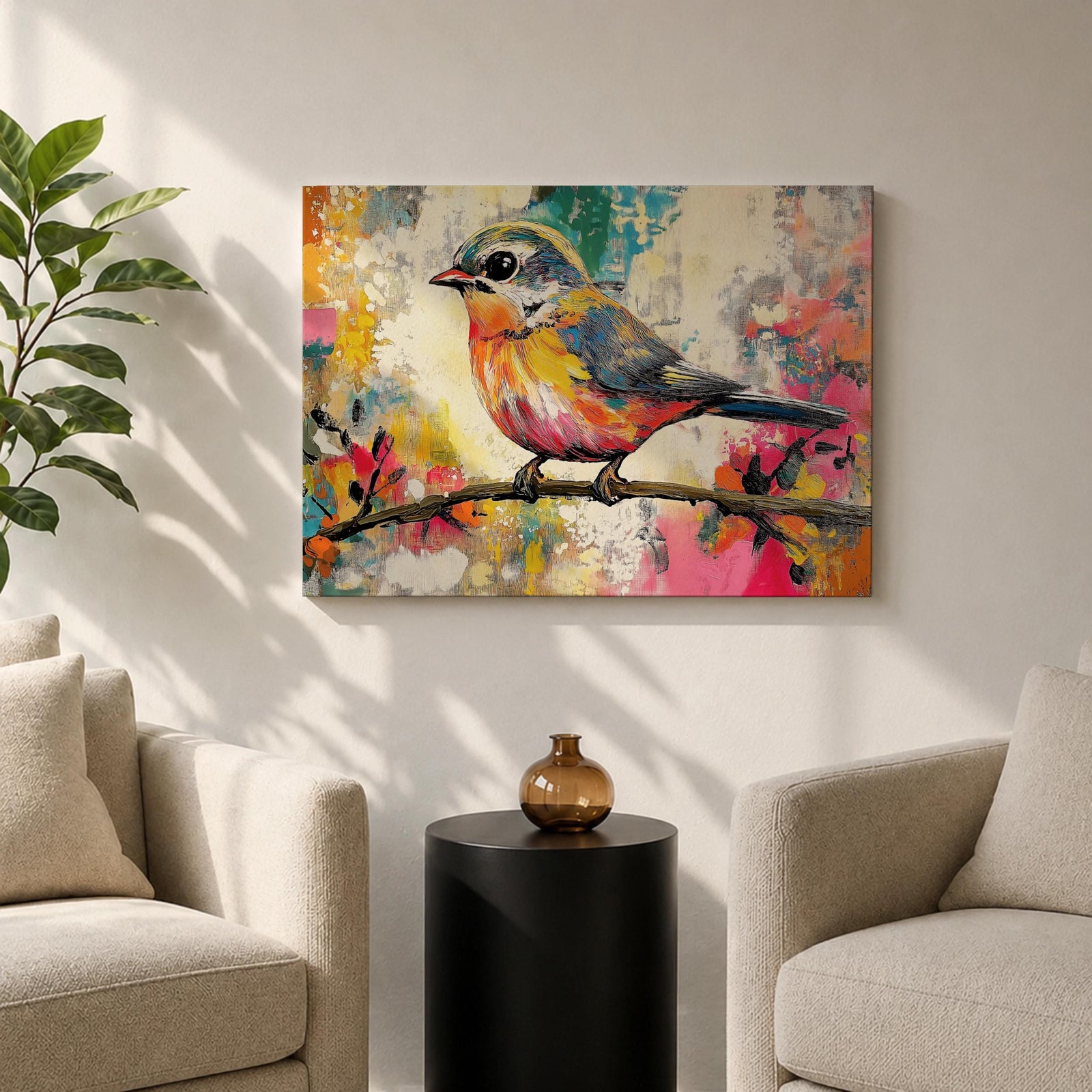 A vibrant painting of a colorful bird perched on a branch, rendered in a lively and expressive style with bold brush strokes and a mix of bright colors. The artwork captures the essence of a songbird in nature, emphasizing its detailed feathers and dynamic pose against an abstract background.