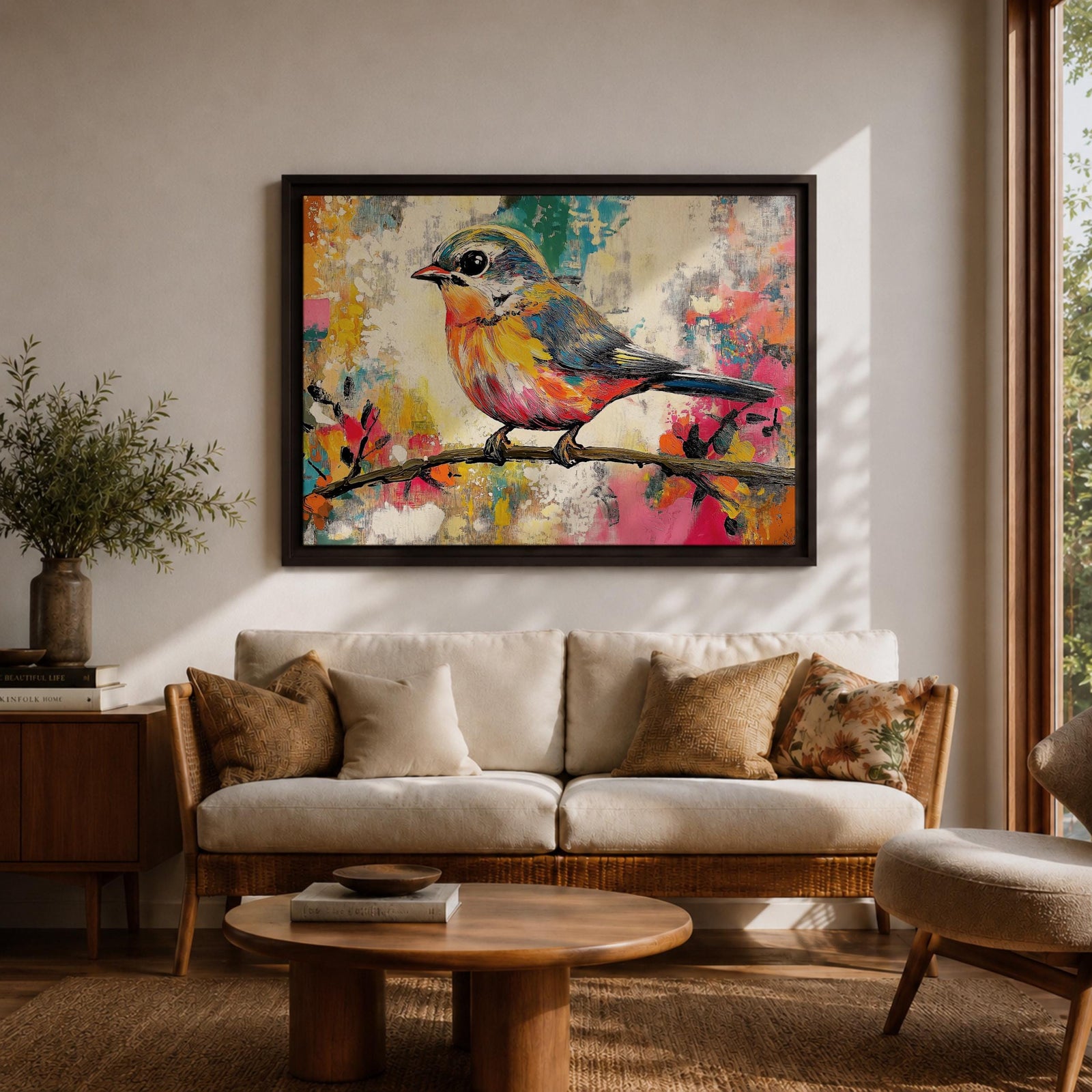 A vibrant painting of a colorful bird perched on a branch, rendered in a lively and expressive style with bold brush strokes and a mix of bright colors. The artwork captures the essence of a songbird in nature, emphasizing its detailed feathers and dynamic pose against an abstract background.