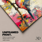 A vibrant painting of a colorful bird perched on a branch, rendered in a lively and expressive style with bold brush strokes and a mix of bright colors. The artwork captures the essence of a songbird in nature, emphasizing its detailed feathers and dynamic pose against an abstract background.