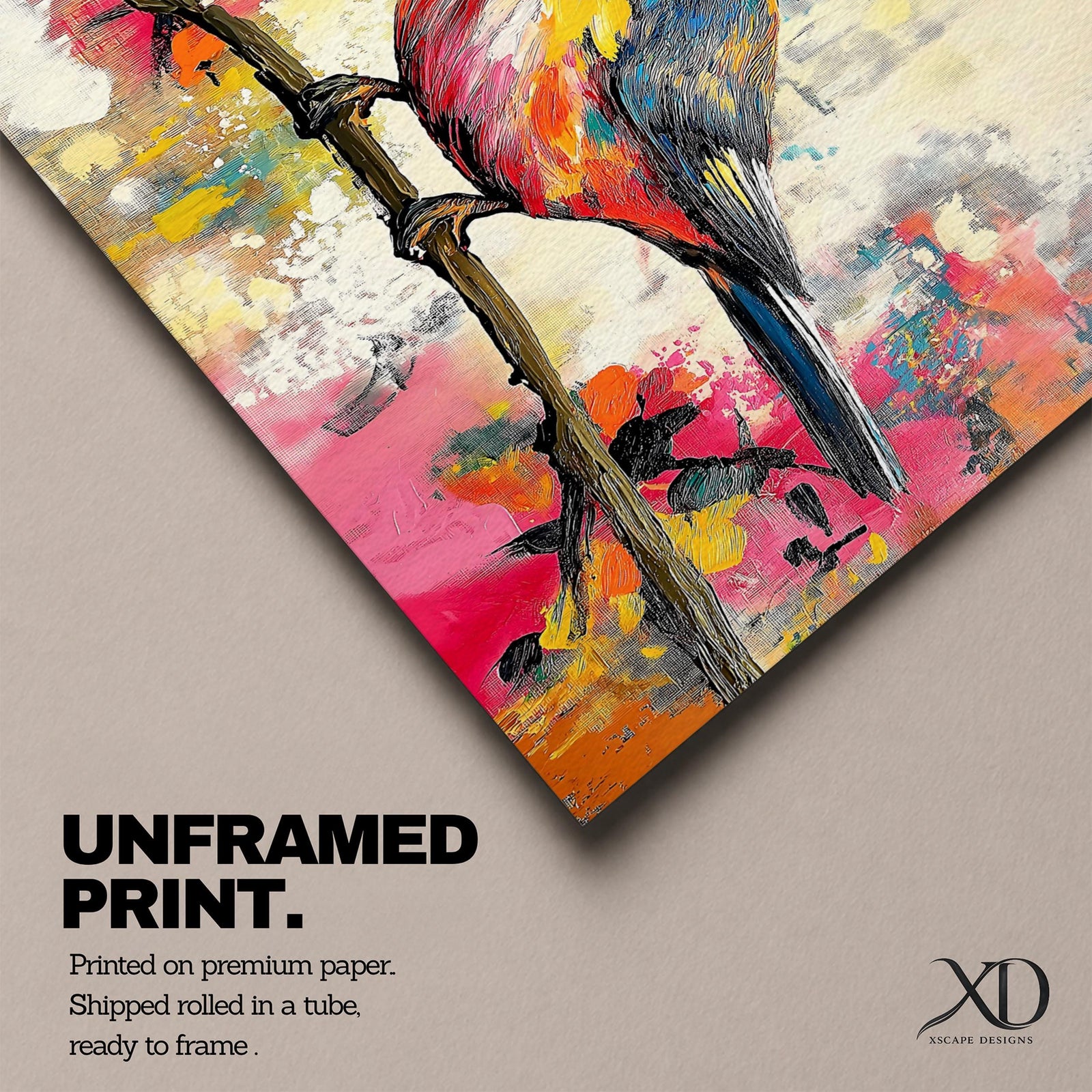 A vibrant painting of a colorful bird perched on a branch, rendered in a lively and expressive style with bold brush strokes and a mix of bright colors. The artwork captures the essence of a songbird in nature, emphasizing its detailed feathers and dynamic pose against an abstract background.