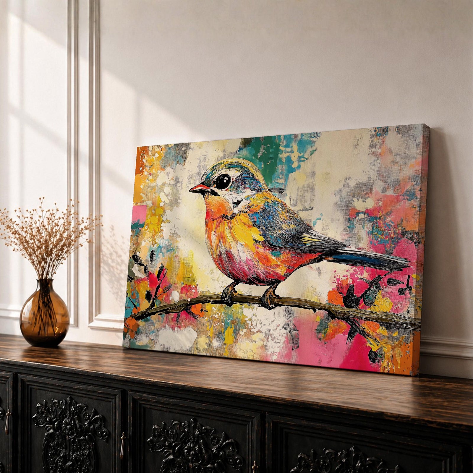 A vibrant painting of a colorful bird perched on a branch, rendered in a lively and expressive style with bold brush strokes and a mix of bright colors. The artwork captures the essence of a songbird in nature, emphasizing its detailed feathers and dynamic pose against an abstract background.