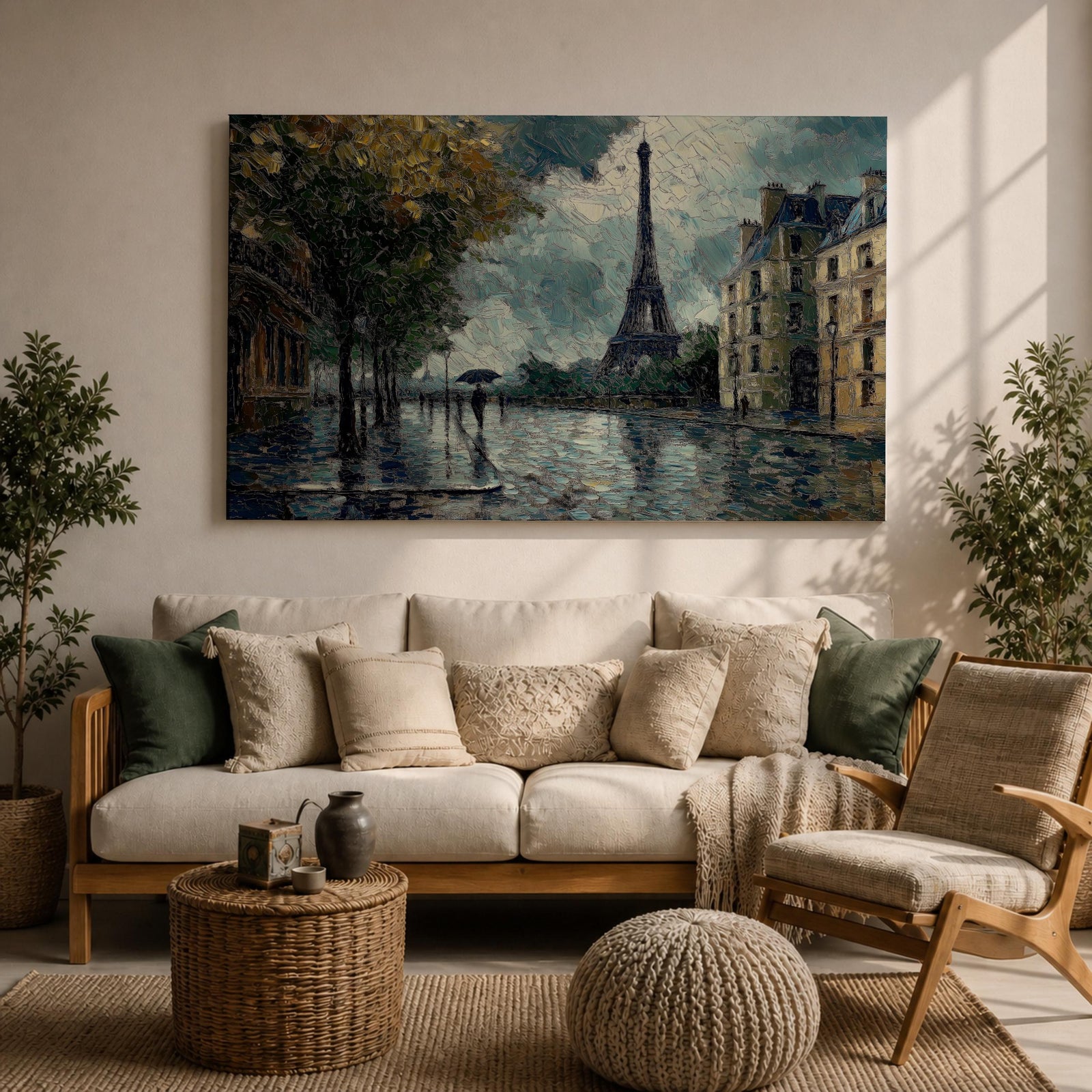 An impasto style painting of the Eiffel Tower in Paris featuring a rainy street scene with reflections on wet pavement, trees lining the sidewalk, and figures holding umbrellas, rendered with thick textured brushstrokes and moody atmospheric tones.