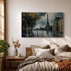An impasto style painting of the Eiffel Tower in Paris featuring a rainy street scene with reflections on wet pavement, trees lining the sidewalk, and figures holding umbrellas, rendered with thick textured brushstrokes and moody atmospheric tones.