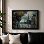 An impasto style painting of the Eiffel Tower in Paris featuring a rainy street scene with reflections on wet pavement, trees lining the sidewalk, and figures holding umbrellas, rendered with thick textured brushstrokes and moody atmospheric tones.