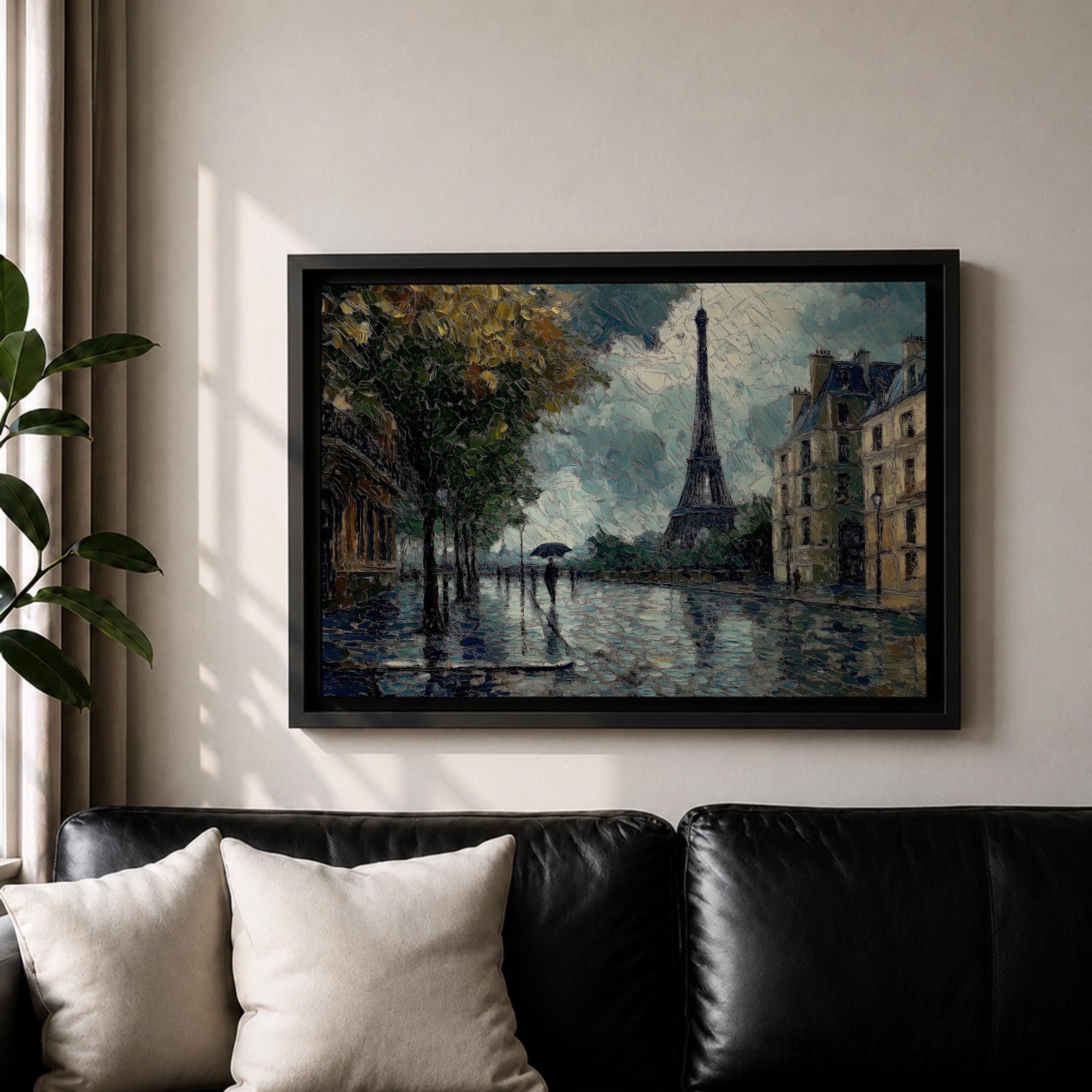 An impasto style painting of the Eiffel Tower in Paris featuring a rainy street scene with reflections on wet pavement, trees lining the sidewalk, and figures holding umbrellas, rendered with thick textured brushstrokes and moody atmospheric tones.