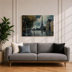 An impasto style painting of the Eiffel Tower in Paris featuring a rainy street scene with reflections on wet pavement, trees lining the sidewalk, and figures holding umbrellas, rendered with thick textured brushstrokes and moody atmospheric tones.