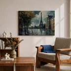 An impasto style painting of the Eiffel Tower in Paris featuring a rainy street scene with reflections on wet pavement, trees lining the sidewalk, and figures holding umbrellas, rendered with thick textured brushstrokes and moody atmospheric tones.