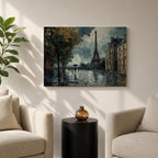 An impasto style painting of the Eiffel Tower in Paris featuring a rainy street scene with reflections on wet pavement, trees lining the sidewalk, and figures holding umbrellas, rendered with thick textured brushstrokes and moody atmospheric tones.