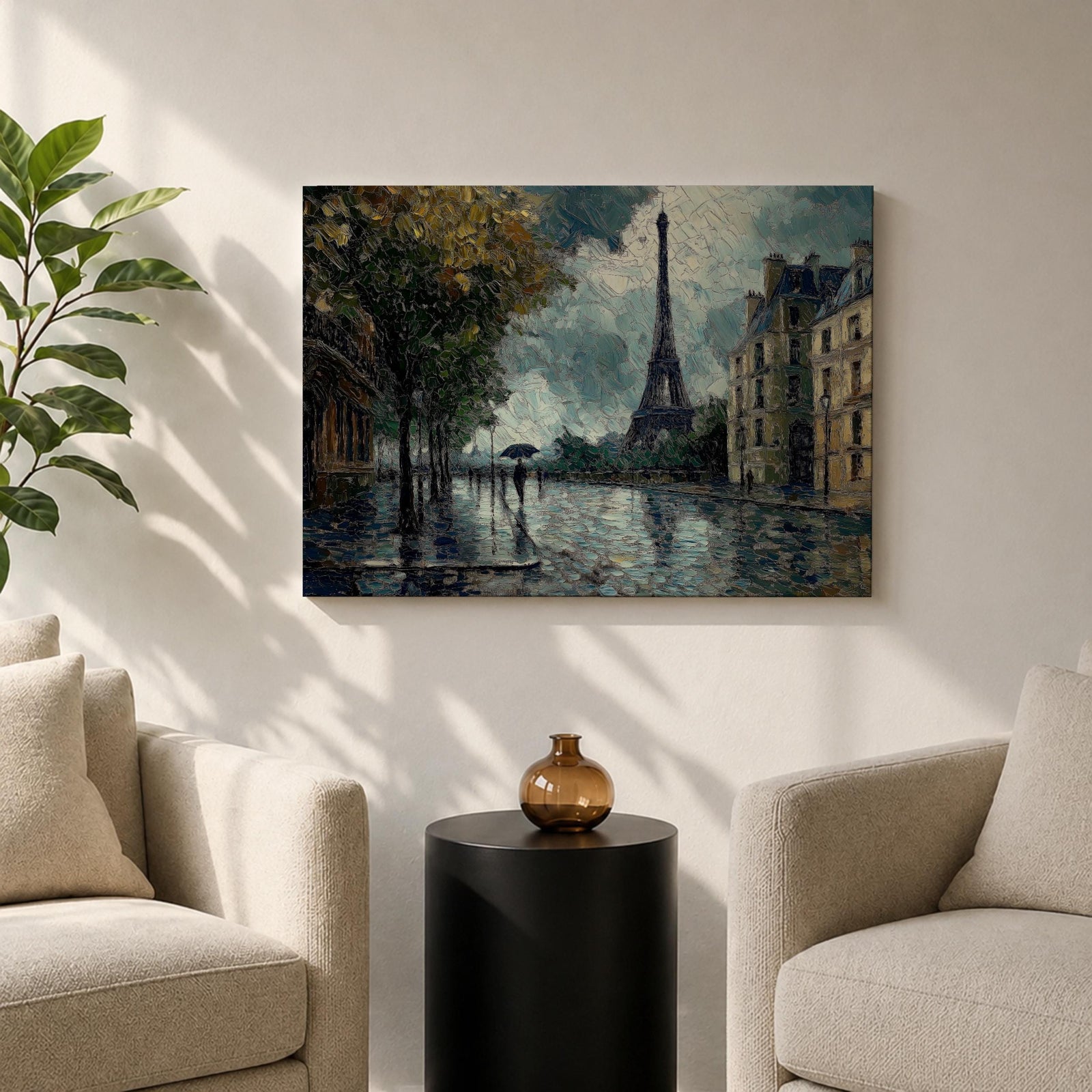 An impasto style painting of the Eiffel Tower in Paris featuring a rainy street scene with reflections on wet pavement, trees lining the sidewalk, and figures holding umbrellas, rendered with thick textured brushstrokes and moody atmospheric tones.