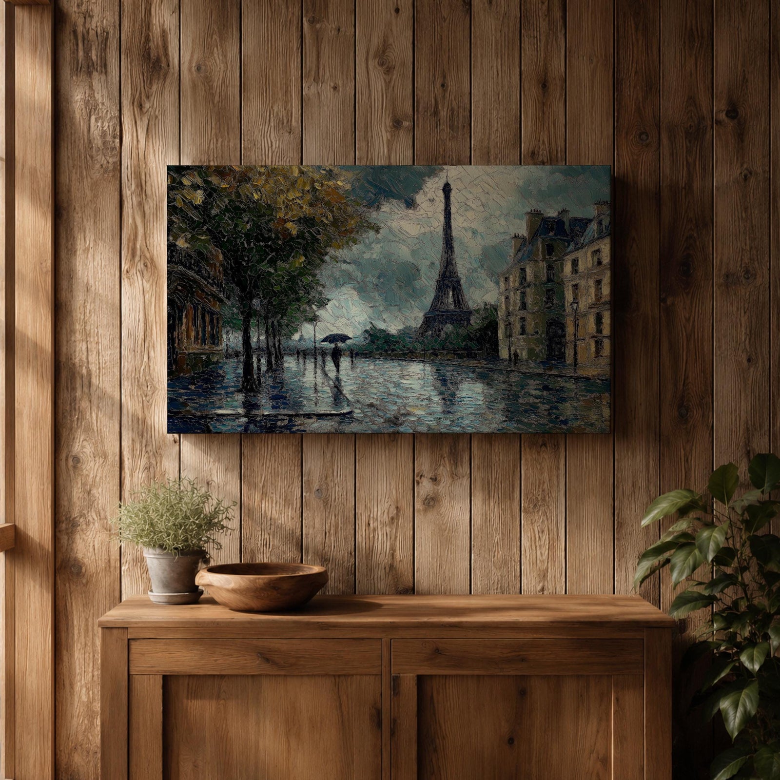 An impasto style painting of the Eiffel Tower in Paris featuring a rainy street scene with reflections on wet pavement, trees lining the sidewalk, and figures holding umbrellas, rendered with thick textured brushstrokes and moody atmospheric tones.