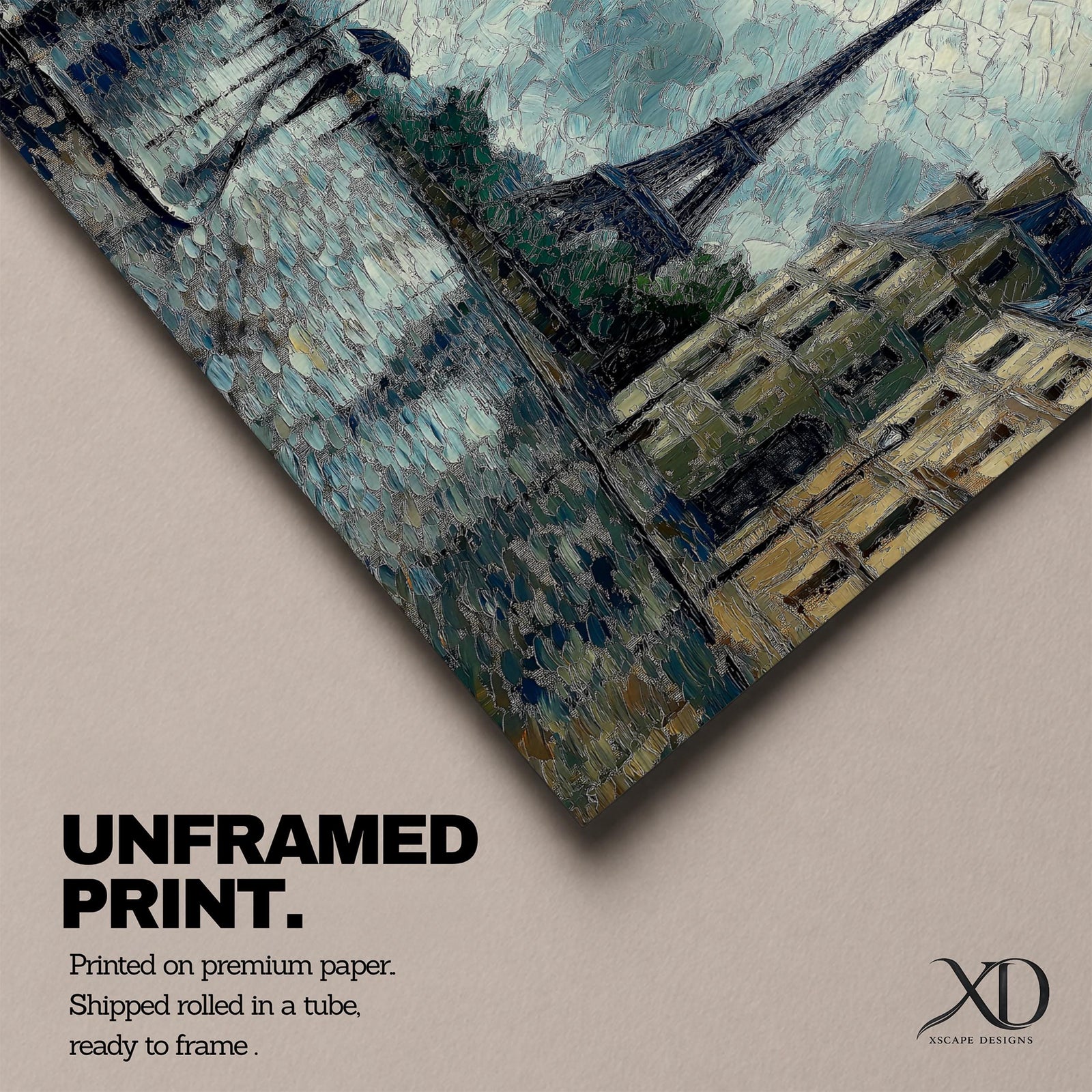 An impasto style painting of the Eiffel Tower in Paris featuring a rainy street scene with reflections on wet pavement, trees lining the sidewalk, and figures holding umbrellas, rendered with thick textured brushstrokes and moody atmospheric tones.