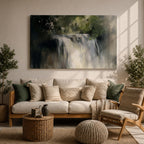 An oil painting of a waterfall cascading through a forest, rendered with soft brushstrokes and a neutral color palette. The scene captures flowing water surrounded by lush greenery in a natural setting, emphasizing the serene beauty of nature without sharp details or abstraction.