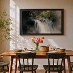 An oil painting of a waterfall cascading through a forest, rendered with soft brushstrokes and a neutral color palette. The scene captures flowing water surrounded by lush greenery in a natural setting, emphasizing the serene beauty of nature without sharp details or abstraction.