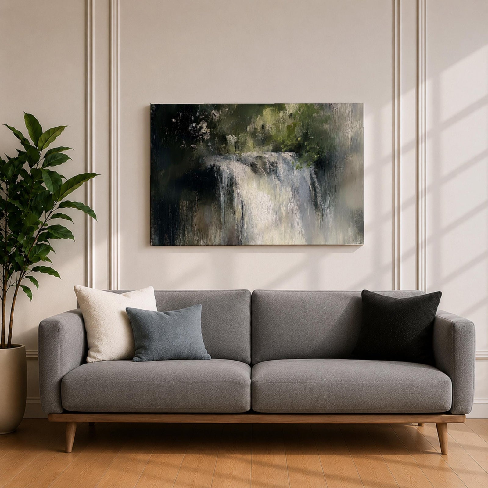 An oil painting of a waterfall cascading through a forest, rendered with soft brushstrokes and a neutral color palette. The scene captures flowing water surrounded by lush greenery in a natural setting, emphasizing the serene beauty of nature without sharp details or abstraction.