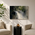 An oil painting of a waterfall cascading through a forest, rendered with soft brushstrokes and a neutral color palette. The scene captures flowing water surrounded by lush greenery in a natural setting, emphasizing the serene beauty of nature without sharp details or abstraction.