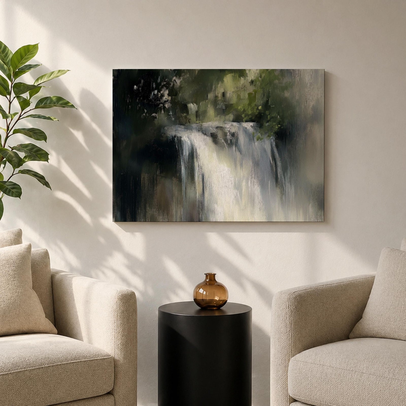 An oil painting of a waterfall cascading through a forest, rendered with soft brushstrokes and a neutral color palette. The scene captures flowing water surrounded by lush greenery in a natural setting, emphasizing the serene beauty of nature without sharp details or abstraction.