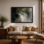 An oil painting of a waterfall cascading through a forest, rendered with soft brushstrokes and a neutral color palette. The scene captures flowing water surrounded by lush greenery in a natural setting, emphasizing the serene beauty of nature without sharp details or abstraction.