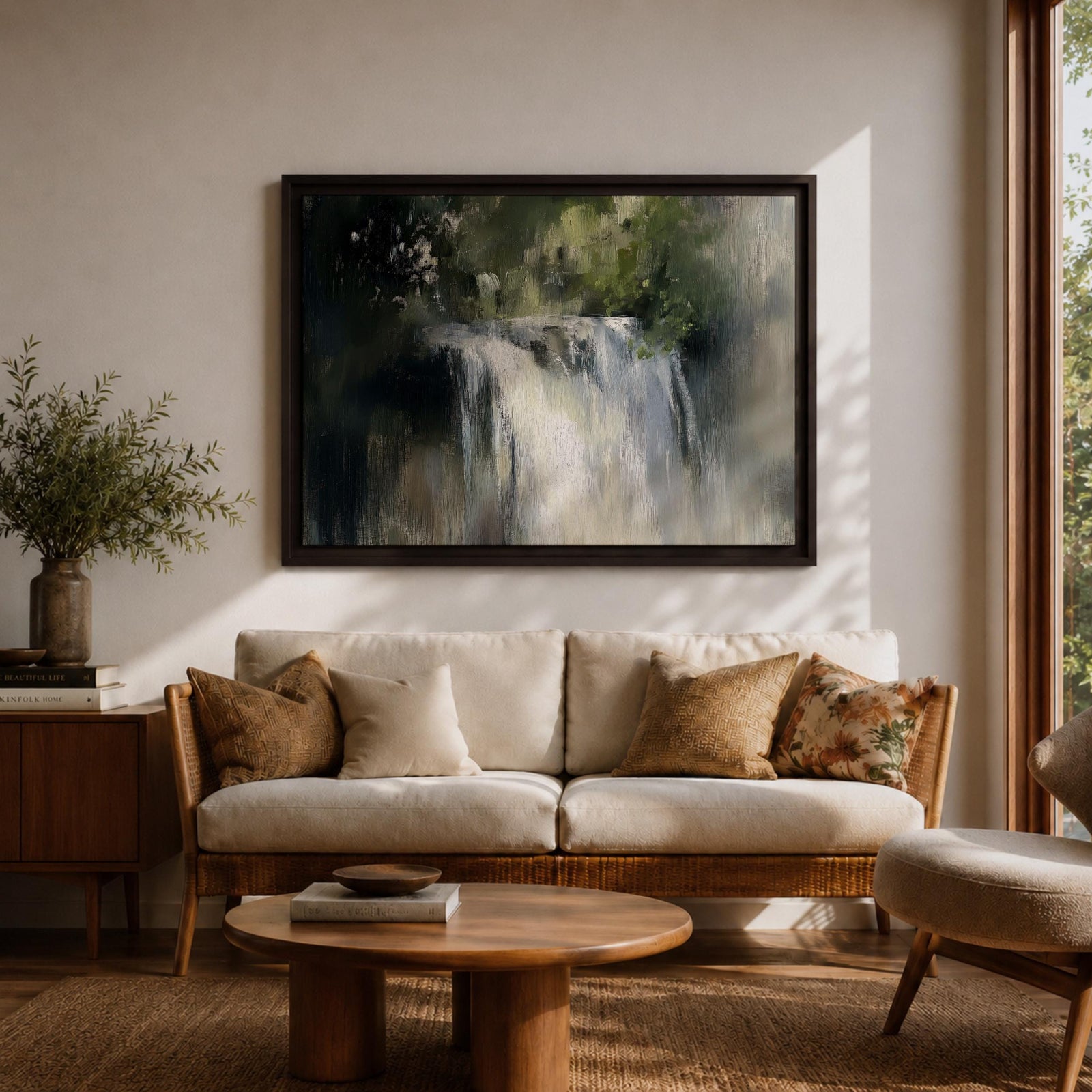 An oil painting of a waterfall cascading through a forest, rendered with soft brushstrokes and a neutral color palette. The scene captures flowing water surrounded by lush greenery in a natural setting, emphasizing the serene beauty of nature without sharp details or abstraction.