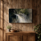 An oil painting of a waterfall cascading through a forest, rendered with soft brushstrokes and a neutral color palette. The scene captures flowing water surrounded by lush greenery in a natural setting, emphasizing the serene beauty of nature without sharp details or abstraction.
