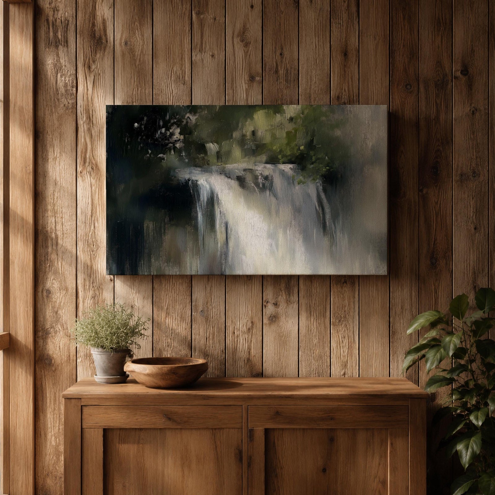 An oil painting of a waterfall cascading through a forest, rendered with soft brushstrokes and a neutral color palette. The scene captures flowing water surrounded by lush greenery in a natural setting, emphasizing the serene beauty of nature without sharp details or abstraction.