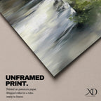 An oil painting of a waterfall cascading through a forest, rendered with soft brushstrokes and a neutral color palette. The scene captures flowing water surrounded by lush greenery in a natural setting, emphasizing the serene beauty of nature without sharp details or abstraction.