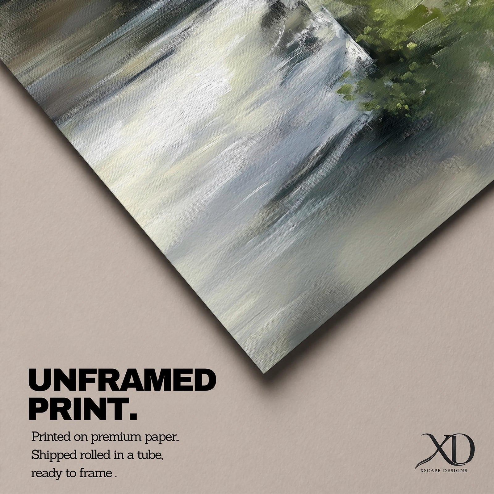 An oil painting of a waterfall cascading through a forest, rendered with soft brushstrokes and a neutral color palette. The scene captures flowing water surrounded by lush greenery in a natural setting, emphasizing the serene beauty of nature without sharp details or abstraction.