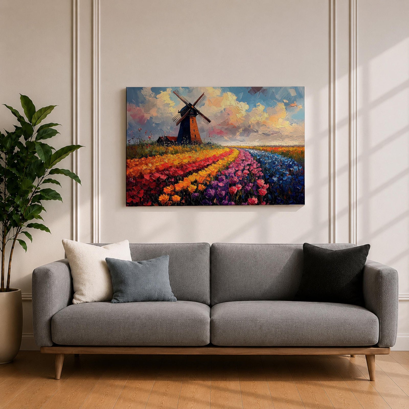 This impasto style painting depicts a classic windmill standing beside vibrant rows of tulip fields stretching into the horizon under a dynamic sky. The textured brushstrokes emphasize the colorful floral landscape and the iconic Dutch countryside scene.