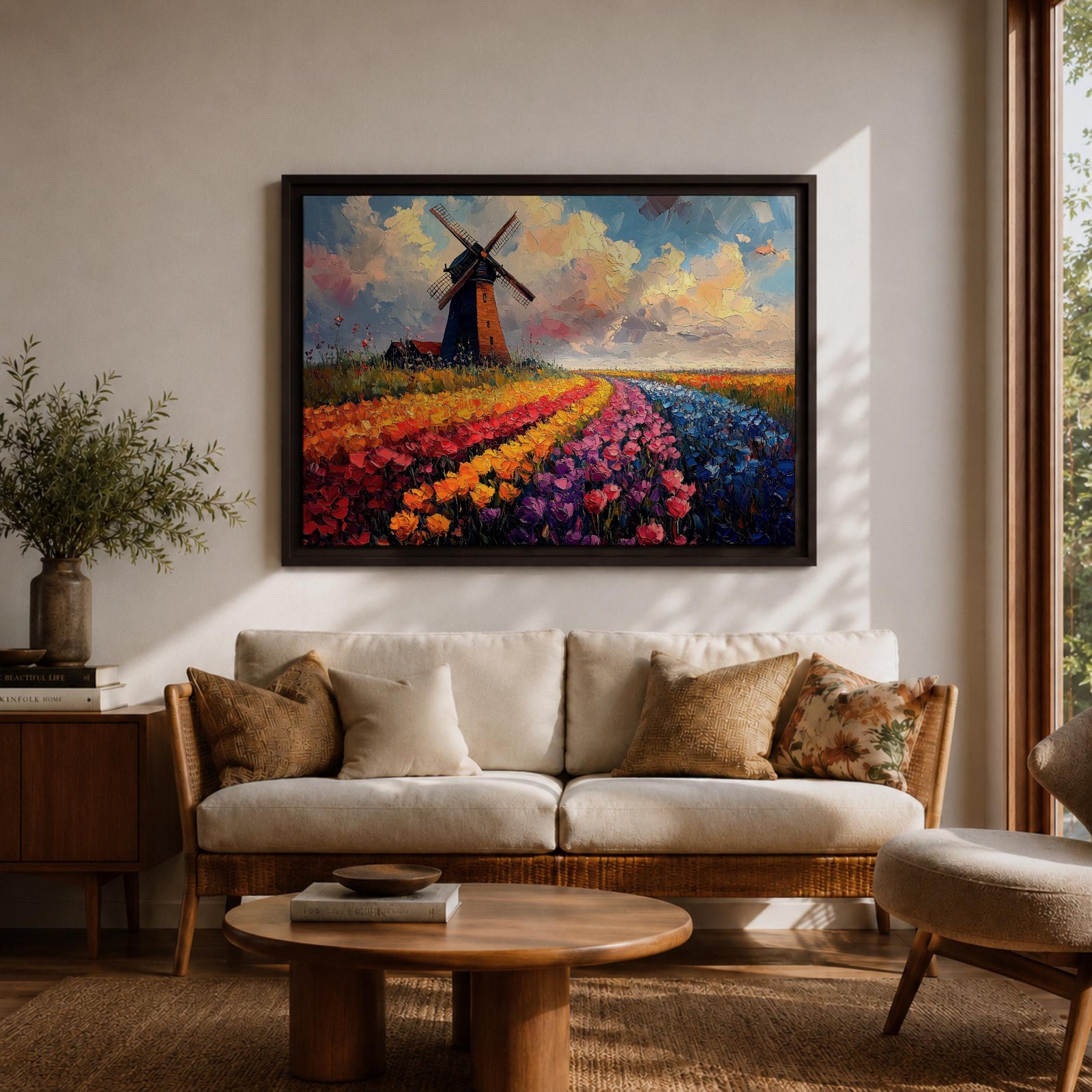 This impasto style painting depicts a classic windmill standing beside vibrant rows of tulip fields stretching into the horizon under a dynamic sky. The textured brushstrokes emphasize the colorful floral landscape and the iconic Dutch countryside scene.