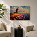 This impasto style painting depicts a classic windmill standing beside vibrant rows of tulip fields stretching into the horizon under a dynamic sky. The textured brushstrokes emphasize the colorful floral landscape and the iconic Dutch countryside scene.