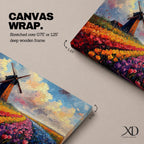 This impasto style painting depicts a classic windmill standing beside vibrant rows of tulip fields stretching into the horizon under a dynamic sky. The textured brushstrokes emphasize the colorful floral landscape and the iconic Dutch countryside scene.