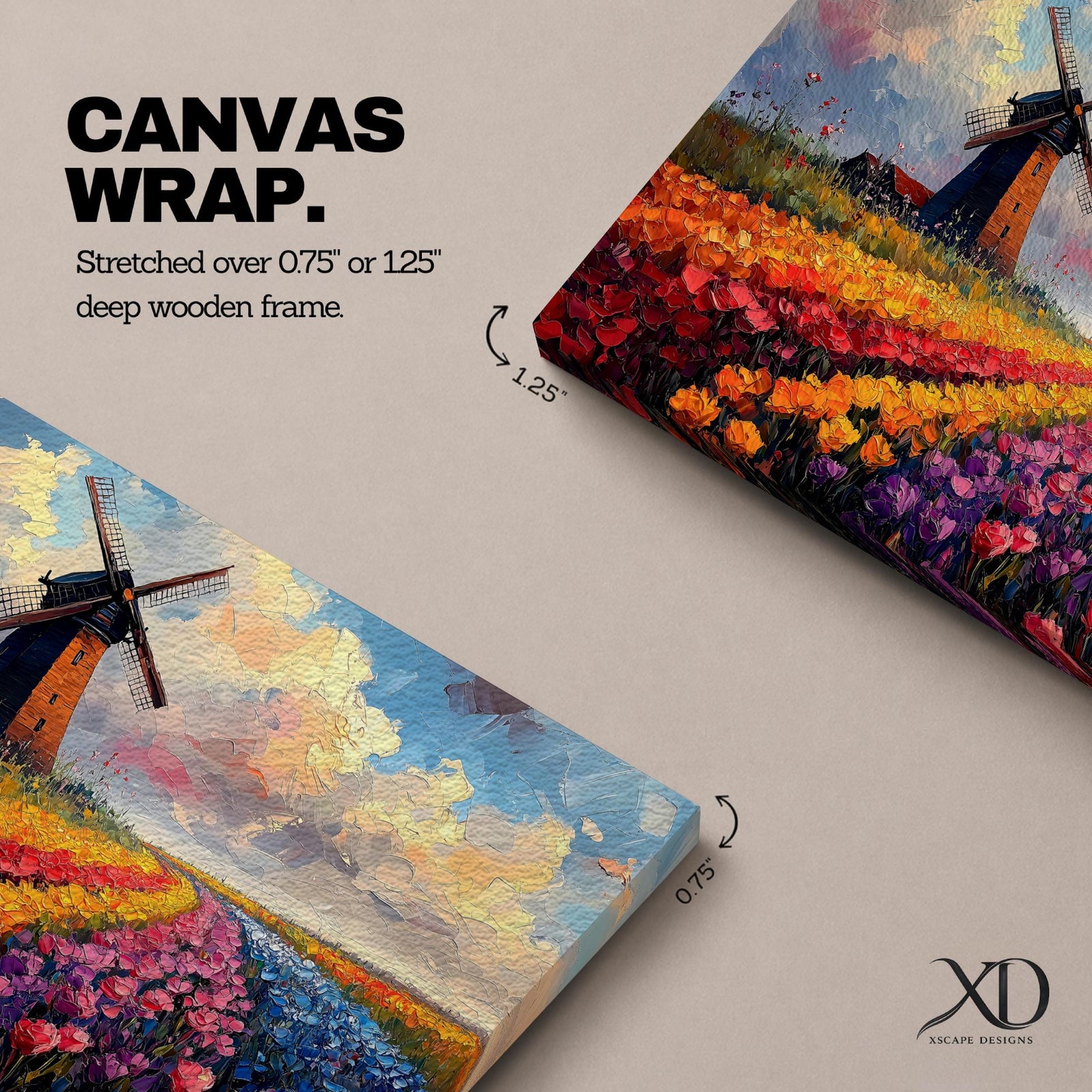 This impasto style painting depicts a classic windmill standing beside vibrant rows of tulip fields stretching into the horizon under a dynamic sky. The textured brushstrokes emphasize the colorful floral landscape and the iconic Dutch countryside scene.