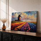 This impasto style painting depicts a classic windmill standing beside vibrant rows of tulip fields stretching into the horizon under a dynamic sky. The textured brushstrokes emphasize the colorful floral landscape and the iconic Dutch countryside scene.