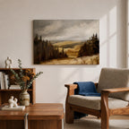 A framed canvas painting depicting a wildflower meadow landscape with rolling hills and clusters of trees under a cloudy sky. The artwork captures a natural countryside scene with detailed brushwork and a warm, rustic atmosphere emphasizing the beauty of open fields and forest edges.
