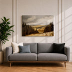 A framed canvas painting depicting a wildflower meadow landscape with rolling hills and clusters of trees under a cloudy sky. The artwork captures a natural countryside scene with detailed brushwork and a warm, rustic atmosphere emphasizing the beauty of open fields and forest edges.