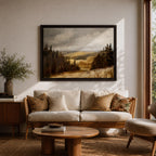 A framed canvas painting depicting a wildflower meadow landscape with rolling hills and clusters of trees under a cloudy sky. The artwork captures a natural countryside scene with detailed brushwork and a warm, rustic atmosphere emphasizing the beauty of open fields and forest edges.
