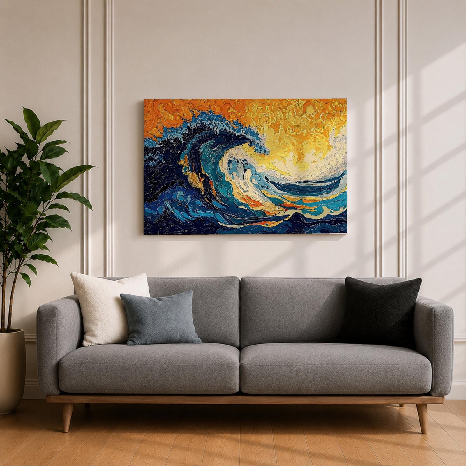 An abstract depiction of a large ocean wave crashing with dynamic swirling patterns in blue and orange hues. The artwork captures the energy and movement of the sea in a textured, painterly style emphasizing fluid shapes and vibrant contrasts, evoking a coastal nature scene.