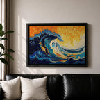An abstract depiction of a large ocean wave crashing with dynamic swirling patterns in blue and orange hues. The artwork captures the energy and movement of the sea in a textured, painterly style emphasizing fluid shapes and vibrant contrasts, evoking a coastal nature scene.