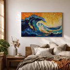 An abstract depiction of a large ocean wave crashing with dynamic swirling patterns in blue and orange hues. The artwork captures the energy and movement of the sea in a textured, painterly style emphasizing fluid shapes and vibrant contrasts, evoking a coastal nature scene.