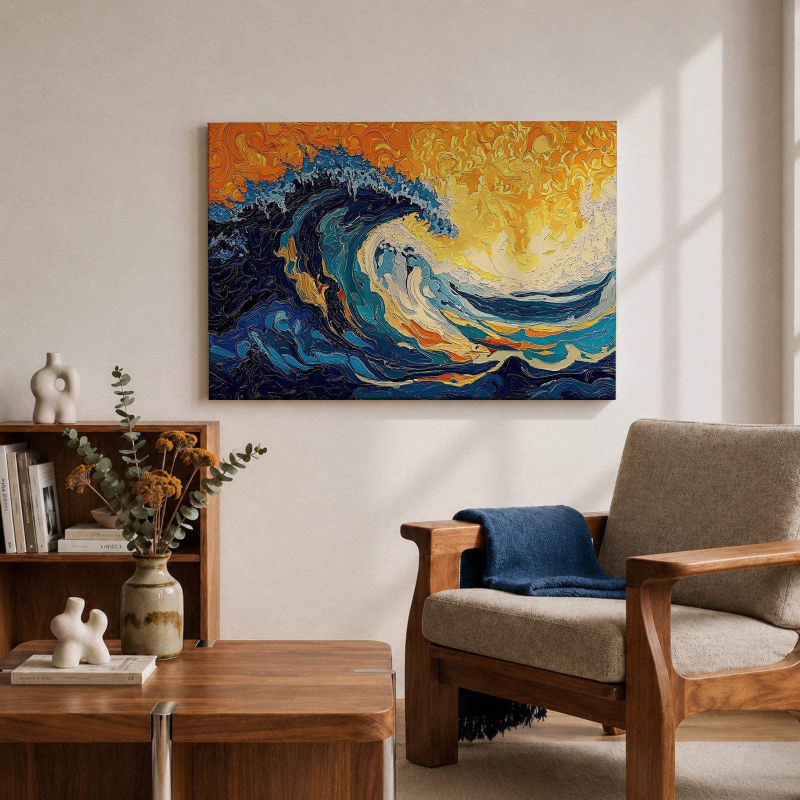 An abstract depiction of a large ocean wave crashing with dynamic swirling patterns in blue and orange hues. The artwork captures the energy and movement of the sea in a textured, painterly style emphasizing fluid shapes and vibrant contrasts, evoking a coastal nature scene.