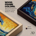 An abstract depiction of a large ocean wave crashing with dynamic swirling patterns in blue and orange hues. The artwork captures the energy and movement of the sea in a textured, painterly style emphasizing fluid shapes and vibrant contrasts, evoking a coastal nature scene.